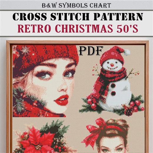 Retro Christmas Cross Stitch PDF, 50s Style Winter Patterns, Vintage Woman Portrait, Mid Century Snowman, Festive Flower Chart - Etsy