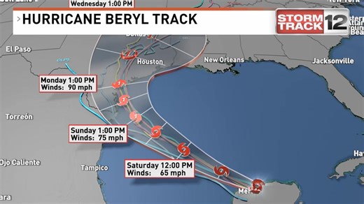 Here's the latest forecasted track of Beryl. Stay updated by clicking on http://wcti12.com/weather/maps and looking in the HURRICANE SEASON 2023 section. #ecarwx | WCTI StormTrack 12