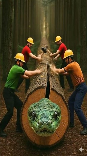 “Workers Split a Log and Uncover a Massive Hidden Snake!”