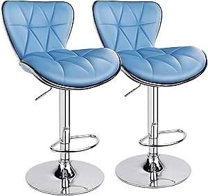 Leopard Shell Back Adjustable Swivel Bar Stools, PU Leather Padded with Back, Set of 2 (Sky Blue)