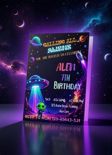 Blue Alien Birthday Invitation Card | Cute Space Party Invite for Kids | Editable Digital Download | Stitch Style Birthday Canva Template - Etsy