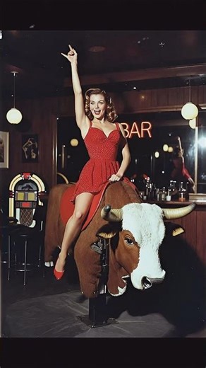Retro pin-up tames a mechanical bull in a 50s bar 😈🔥 Who can resist?