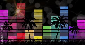 Animation of female dj icon over palm trees, stars and moon on sky