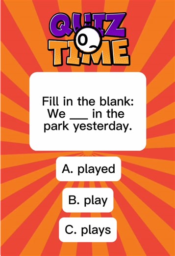 Test your grammar with Grammar Monkey!🐒 ✅ Explanation: The word “played” is the past tense of the verb “play.” The sentence includes “yesterday,” which shows the action happened in the past. \t•\t“Play” is present tense (used for things happening now). \t•\t“Plays” is also present tense but only used with he/she/it. So, “played” is correct because it matches the past time of the action. #grammar #grammarlesson #grammarmonkey #grammarteacher #english
