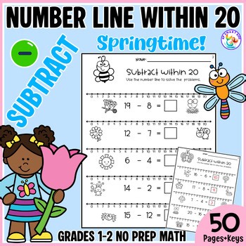 1st 2nd Grade Number Line Subtraction within 20 Spring Math Worksheets Independe