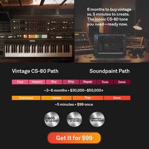 Bring the sound of the most iconic synth in history straight into your DAW. CS-80 UDS captures every nuance, layer, and modulation of the original — in stunning detail. Vintage tone, modern playability, endless inspiration. | Soundpaint
