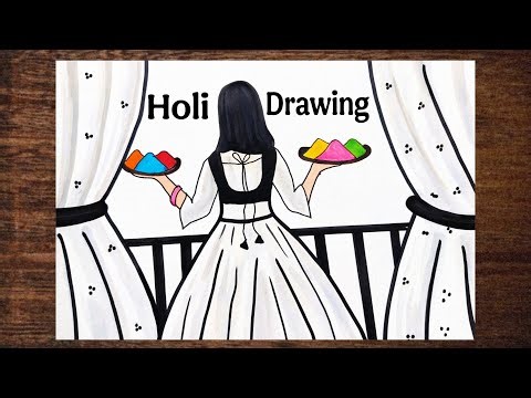 Holi Drawing easy |Holi drawing for beginners How to draw traditional girl celebrating Holi drawing