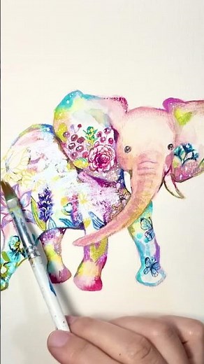 カラフルな可愛いお花のゾウ|イラストメイキング|アナログ|アクリルガッシュ #shorts