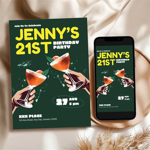 21st Birthday Invitation Template, Editable 21st Birthday Party Invite, Cocktail Birthday Invitation, Printable Birthday Invite Template - Etsy
