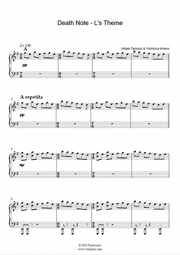 Death Note - L's Theme (Hideki Taniuchi & Yoshihisa Hirano) - Piano Sheet Music