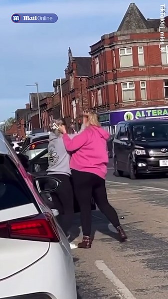 Shocking moment two women pull each other's hair and wrestle in road rage brawl