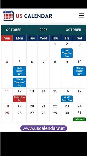 🗓️ October 2026 Calendar United States 🇺🇸 with Federal Holidays & Important Dates
