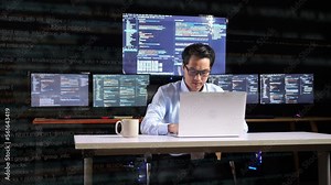 Asian Male Programmer Writing Code By A Laptop Using Multiple Monitors Showing Database On Terminal Window Desktops In The Office. Code Animation Footage