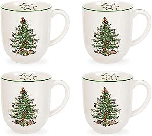 Spode Christmas Tree Cafe Mug (Set of 4) - 14 Oz Ceramic Holiday Coffee Mugs for Tea, Hot Chocolate, Lattes - Festive Design with Santa and Christmas Tree Motif - Microwave & Dishwasher Safe