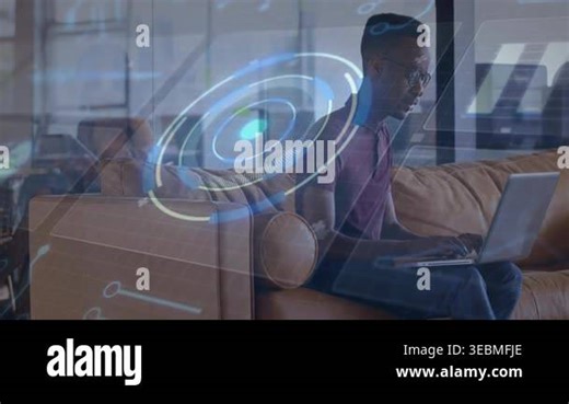 Man working on laptop, activating rotating hologram HUD in tech lounge, pausing, adjusting glasses. Ar, interface, sofa, lounge, coworking, technology, minimalist Stock Video Footage - Alamy