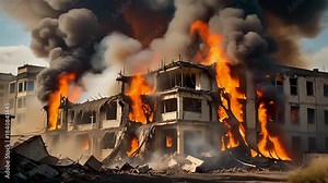 A large building engulfed in massive flames and thick black smoke, showing severe structural damage and partial collapse during a destructive fire event.