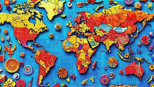 Colorful artistic world map made from various materials, showcasing continents and patterns.