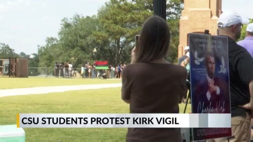 Columbus State University students protest Charlie Kirk vigil