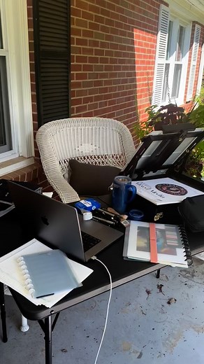 Outdoor studio setup, perfect placement on the porch on a perfect day. #artlife #studio #pleinair #comics #comicbookcreator #countryliving | Official Colleen Doran Fan Page
