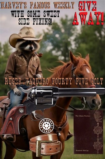 Howdy friends! I've been seeing @TheRascallion moseying around the shop in a 25 gallon hat and I just knew this week would be a wheel gun. Rascal has, for this week's giveaway, a @Ruger_Firearms Vaquero 5.5" in the venerable .45colt chambering! I thought it would be fun to throw in a signed copy of @braxton_mccoy 's The Glass Factory for good measure as I know Mr. McCoy appreciates a good hat himself.Out of his own pocket we also have Mr. A-10 himself, @DaleStarkA10 , offering up one of his high
