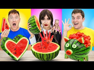 ME AND WEDNESDAY ADDAMS FOOD CHALLENGE | SIMPLE SECRET KITCHEN HACKS