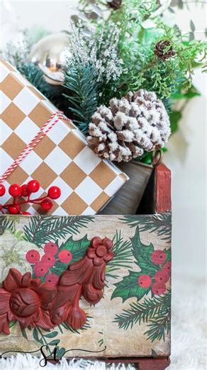 4K views · 67 reactions | From trash to treasure! I transformed a salvaged fruit box into a vintage-style Christmas storage box using holiday decoupage paper, rich wax finishes, and a pop of Sequoia red. Perfect for holiday decor or storing bows and ornaments, and it only took a few steps! ✨ #DIY #Upcycle #ChristmasDecor #Holidays #christmasgiftideas | Salvaged Inspirations | Facebook