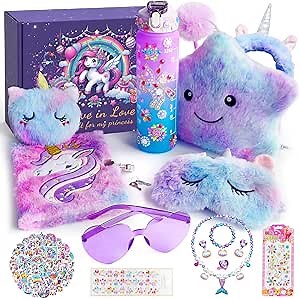 64pcs Unicorn Gifts Toys for Girls Kids Toys 5 6 7 8 9 10+ Years Old Halloween Thanksgiving Christmas Birthday Gifts Box with Star Light Up Pillow Stuffed Diary with Lock Headband Water Bottle sticker
