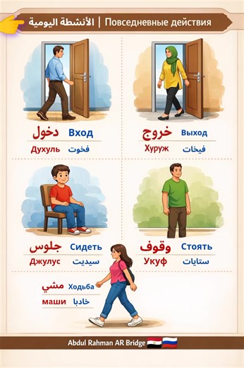 🚪 الأنشطة اليومية - Аль аншита аль йаумия | Повседневные действия - بافسيدنيفنيي دييستفييا كلمات تستخدم في الحياة اليومية | Слова для повседневной жизни دخول — Вход خروج — Выход جلوس — Сидеть وقوف — Стоять مشي — Ходьба تعلم الأنشطة اليومية بسهولة باللغتين العربية والروسية | Изучайте повседневные действия легко на арабском и русском языках Abdul Rahman AR Bridge 🇪🇬🇷🇺 #арабскийязык #русскийязык #изучениеязыков #الروسي🇷🇺🔥 #تعلم