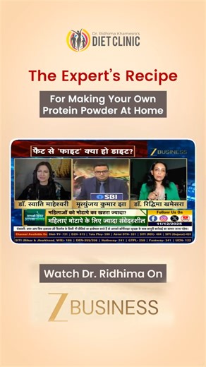 Ridhima Khamesra on Instagram: "In the News! 📰 Discover the expert’s recipe for making your own protein powder at home as Dr. Ridhima shares practical, easy-to-follow nutrition wisdom on Zee Business. From sustainable lifestyle habits to the power of protein-rich nutrition, she breaks down how small, mindful choices can support better health, strength and long-term wellness. 🎥 Watch the exclusive interview now 🔗 Full interview link in bio For more information or for your personalized diet cha