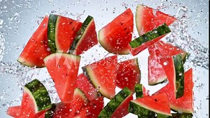Super slow motion of sliced water melon with water splash flying in the air. Filmed on high speed cinema camera, 1000 fps.