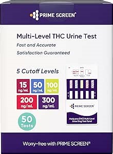Prime Screen Multi Level Marijuana(THC) Urine Test Kit. Highly Sensitive THC 5 Level Drug Test Kit. Detects at 15 ng/mL, 50 ng/mL, 100 ng/mL, 200 ng/mL and 300 ng/mL [50 Pack]