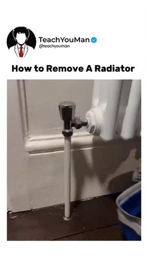 @teachyouman on Instagram: "First turn off the heating system and allow the radiator to cool completely. Close the radiator valves by turning them clockwise to stop water flow, then place a container and towels underneath to catch spills. Use a radiator key or screwdriver to slowly open the bleed valve and release pressure. Loosen the nuts connecting the radiator to the pipes with a wrench, letting any remaining water drain into your container. Work slowly to avoid sudden leaks. Once drained, fu