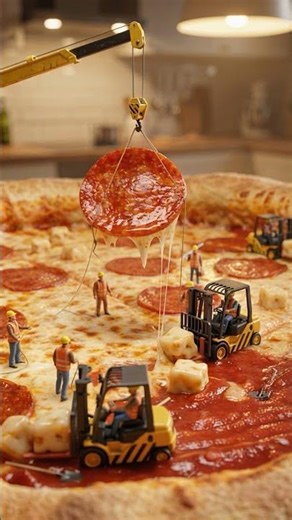 Tiny Workers Operating a Pizza Construction Yard 🍕🏗️ #miniatureworld #ai #aireels #miniconstruction