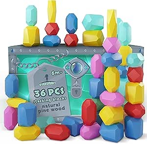 Wooden Stacking Blocks – Montessori Toys for 1 2 3 4 5 6 Year Old Toddlers and Kids, No Choking Hazard – Building Rocks Stones Games, for Girls and Boys