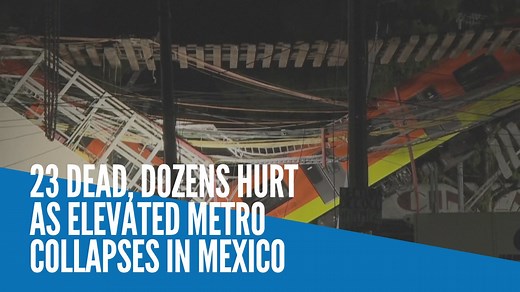Train carriages are seen hanging from a collapsed elevated metro line in Mexico City, with the ends pointing towards the ground in a V-shape. At least 23 people were killed and and dozens injured in the disaster. Video and text by AGENCE FRANCE-PRESSE | INQUIRER.net