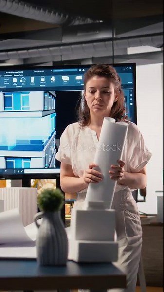 Vertical Video Real estate developer reviews master plan with construction layouts on laptop, ensuring the residential project aligns with market trends, zoning regulations and urban landscape. Camera