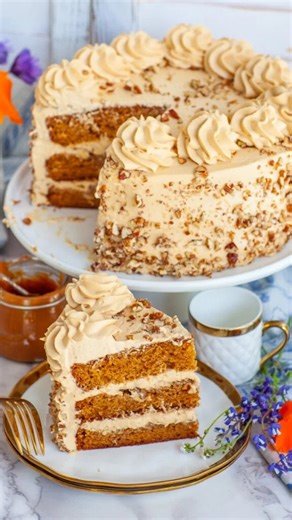 The BEST caramel cake!! 'Golden Key' Caramel Pecan Cake is dreamy, creamy, and so delicious! With loads of caramel in every single bite! This is one of my all-time favorite cakes! I always make it for birthday celebrations and I think it's perfect for fall, too! Made with caramel sponge cake layers, sweetened condensed milk and caramel pecan filling, and caramel whipped cream frosting. This cake is a dream! Get all the recipe details and watch my full-length YouTube video tutorial on my website!