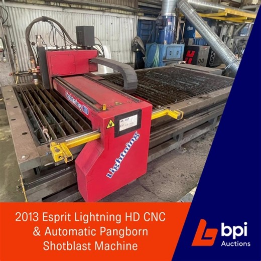 2013 Esprit Lightning HD CNC with Hypertherm Plasma Arc Cutting System & Automatic Pangborn Shotblast Machine, due to Machinery Upgrades 📍 Located in Middlesbrough, TS3 📆 Auction Ends 8th May 📞 Call 01924 2450401 to arrange a viewing Click here to view the auction > https://hubs.li/Q02vlP6b0 | BPI