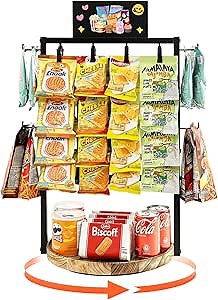 Chip Rack Display Stand, 4 Tier 32 Clip Clips Snack Bar Organizer with Tray, 360° Rotation Candy Display Rack for Party Kitchen Office, Retail Snack Display for Store Countertop (Black)