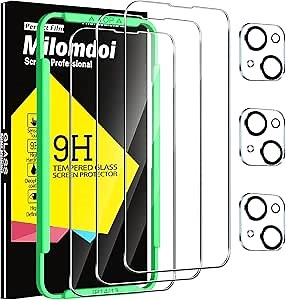 Milomdoi 3 Pack Screen Protector for Apple iPhone 13/ iPhone 14 with 3 Pack Tempered Glass Camera Lens Protector, Ultra 9H Accessories, Case Friendly, Mounting Frame, 2.5D Curved, Transparent