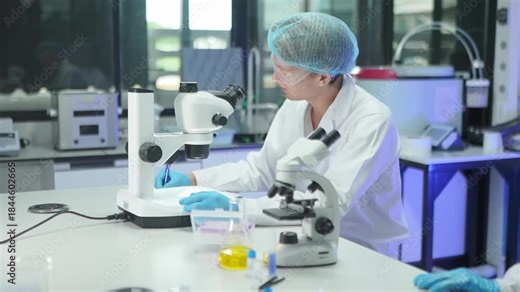 Scientists work in laboratory with microscopes on research tasks in a modern facility