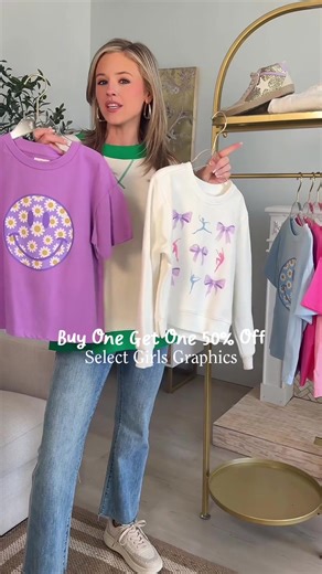 Double the smiles, double the fun ✨ These playful graphic tees are made for girls who love to move, dream, and shine in every color. From soft pastels to cheerful prints, each piece is designed for comfort, confidence, and everyday fun. Plus, select girls graphics are BOGO 50% OFF, making it the perfect time to stock up on her favorites! 💖 --> Girls: Big Smile Lavender Graphic Tee --> Girls: Game On White Dance Graphic Sweatshirt --> Girls: Big Smile Light Blue Graphic Tee --> Girls: Smile Pink