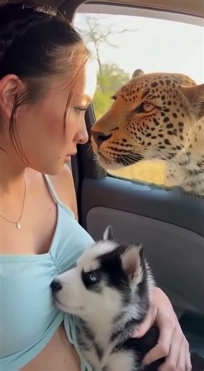 Tense Standoff Leopard vs Husky Puppy Through Car Window #puppy #doglife #love #animals