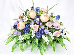 Spring Cemetery Arrangement, Purple Peach Peony Tulips Memorial Flowers, Headstone Saddle, Grave Topper - Etsy Canada