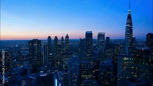 Horizontal video footage, view from hotel window on upper floors of high-rise building, overlooking skyscrapers and nighttime metropolis city