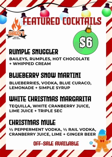 1.8K views |  Christmas Cocktails at Shaggy’s Bonfire!  Shaggy’s Bonfire is serving up festive Christmas Cocktails that bring all the holiday cheer in every sip! Bright, bold, and perfectly merry, these drinks are made for a good time and laughter with friends. Raise a glass, take a delicious sip, and let the holiday magic kick in. ✨ | Shaggy's Bonfire Bar & Grille | Facebook