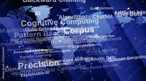 Neural network future of ai letterings and world map in machine learning, technology, and deep learning algorithms for worry free self supervised learning