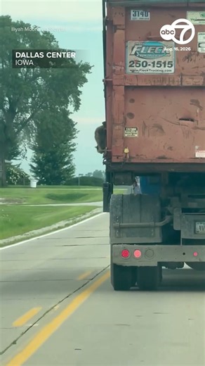 Hitchhiking raccoon jumps off moving dump truck