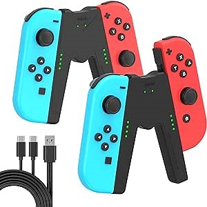 JINGDU Switch JoyCon Charging Grip Compatible with Nintendo Switch Standard & OLED Model, Play While Charging, Portable VShaped JoyCon Controller Charger with Charge Cable | 2PCS | Black