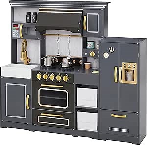 Teamson Kids Little Chef Colonie Play Kitchen for Kids, Gray – 2-Piece Pretend Kitchen Set with Ice Dispenser, Coffee Maker, Farmhouse Sink & Storage, Modern Wooden Toy for Toddlers & Girls Boys